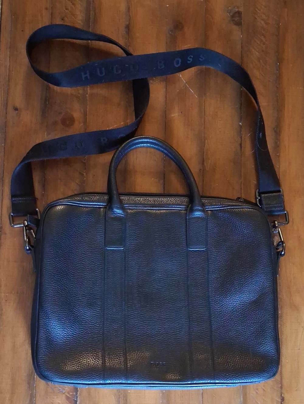 Hugo Boss Black Leather Laptop Briefcase with Removable Strap
